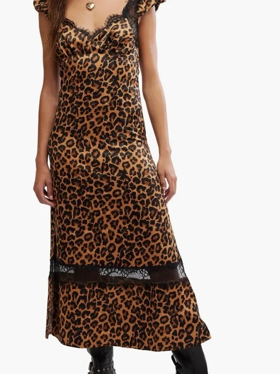 Free People Leopard Print Slip Dress with Black Lace Trim - Picture 4 of 9